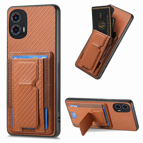 Moto G 5G 2024 Carbon Fiber Fold Stand Elastic Card Bag Phone Case - Brown